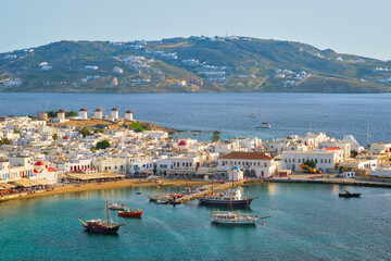 Mykonos island port with boats, Cyclades islands, Greece
