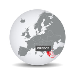 World globe map with the identication of Greece. Map of Greece. Greece on grey political 3D globe. Europe countries. Vector stock.