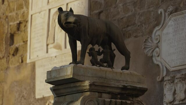 The statue of the Capitoline Wolf with Romulus and Remus and the Coliseum in background, Rome, Italy