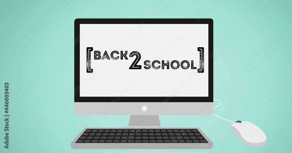 Poster animation of back to school text on computer on green background