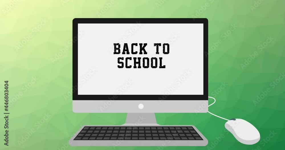 Poster animation of back to school text on computer on green background