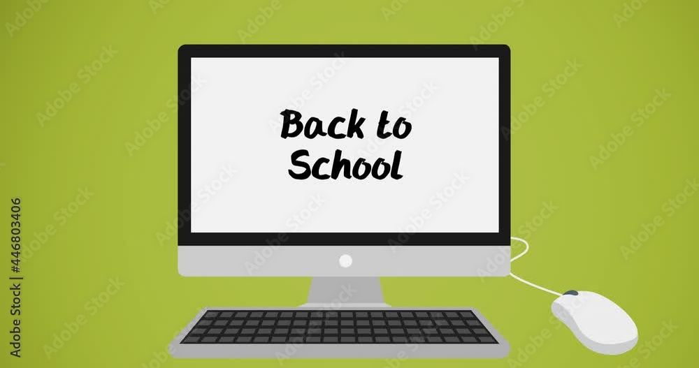 Poster animation of back to school text on computer on green background