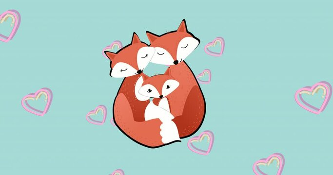Composition of fox family embracing over heart icons