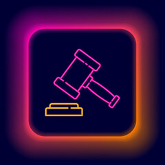 Glowing neon line Judge gavel icon isolated on black background. Gavel for adjudication of sentences and bills, court, justice. Auction hammer. Colorful outline concept. Vector