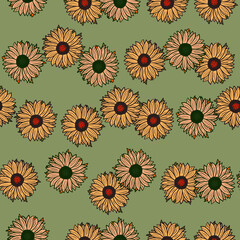 Seamless pattern sunflowers on green background. Beautiful texture with yellow and pink sunflower and leaves.