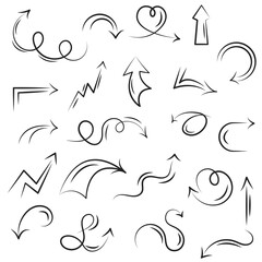 A set of decorative guide arrows up and down, circular and straight. Collection of icon on the white background. Doodle style. Black outline