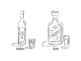 Vodka and rum. Bottle and glass in hand drawn style. Restaurant illustration for celebration design. Retro sketch. Line art. Design element. Beverage outline icon. Isolated on white background