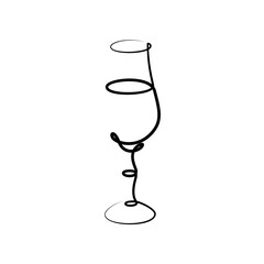 Liquor wineglass on white background. Graphic arts sketch design. Black one line drawing style. Hand drawn image. Alcohol drink concept for restaurant, cafe, party. Freehand drawing style