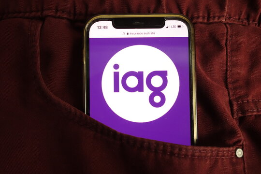 KONSKIE, POLAND - July 22, 2021: Insurance Australia Group Limited IAG logo on mobile phone