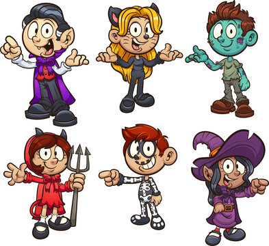 Boys and girls in different Halloween costumes. Vector clip art illustration with simple gradients. Each on a separate layer. 
