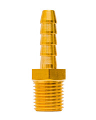 Threaded brass barb pipe fitting on white.