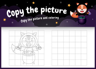 copy the picture kids game and coloring page with a cute fox using halloween costume