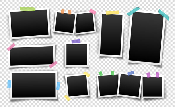 Photo frames fixed with sticky tape. Vector templates set for editing. Illustration of realistic empty photo with shadows isolated on transparent background.