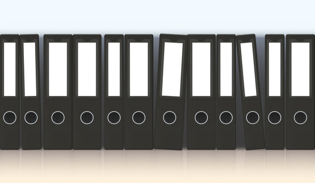 Ring binders, row of thin and thick unlabeled gray file folders, some standing at an angle, because of exhausting office work. Seamlessly expandable. Vector illustration.
