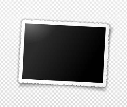 Photo frame template for editing. Vector realistic illustration of empty photo with a shadow isolated on transparent grey checkered background.