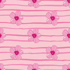 Vector Pink decorative florals on stripes background seamless pattern design. Girly and feminine colour palette.Great as digital paper, fashion, fabric, textiles, and wallpaper. 