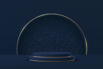 Abstract 3D dark blue cylinder pedestal podium with golden semi circle and glitter background. Luxury dark blue wall scene for product display presentation. Vector rendering geometric platform design. - obrazy, fototapety, plakaty