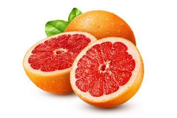 Halfs of grapefruit with drops and leaves isolated on white background
