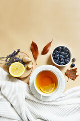 Lemon ginger tea with honey and blueberries on the pastel beige background. Stay healthy in flu winter autumn days. Autumn fall tea composition with empty place for text. Calm cozy atmosphere.