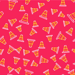 Line Traffic cone icon isolated seamless pattern on red background. Vector