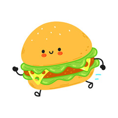 Cute funny running hamburger. Vector hand drawn cartoon kawaii character illustration icon. Isolated on white background. Running hamburger concept