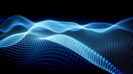 Obraz premium 抽象的なテクノロジーの背景。青のパーティクルの波。3Dレンダリング。
