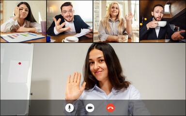 Greetings colleagues, business partners. Team working by group video call share ideas brainstorming use video conference.