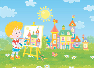 Obraz na płótnie Canvas Little boy drawing in watercolors and color pencils a pretty small town on a sunny summer day, vector cartoon illustration