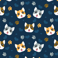 Dog Seamless Pattern Background, Happy dog with paw print and heart, Cartoon Dog Vector illustration, wallpaper