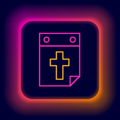 Obraz premium Glowing neon line Calendar death icon isolated on black background. Colorful outline concept. Vector