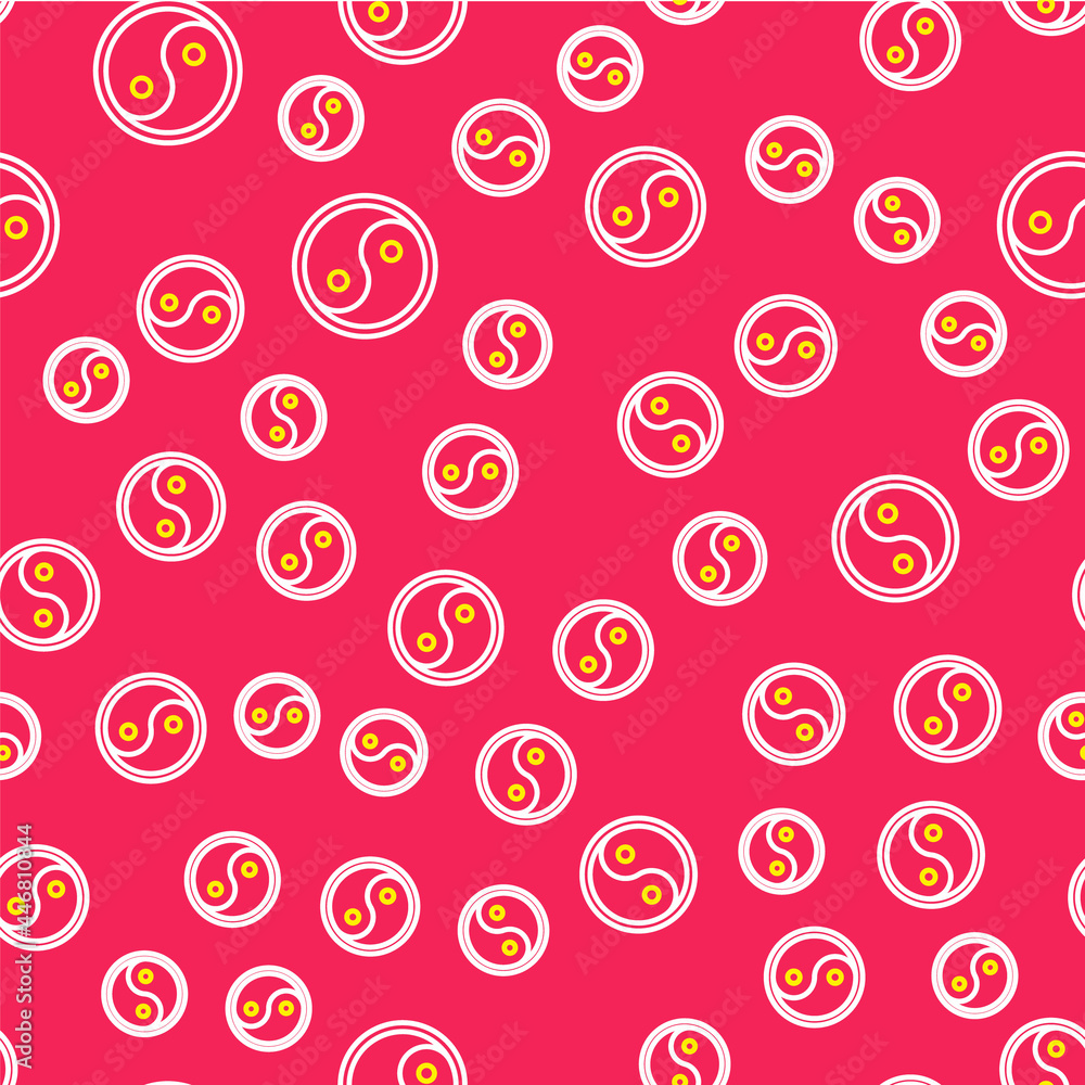 Poster line yin yang symbol of harmony and balance icon isolated seamless pattern on red background. vector
