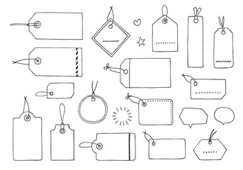いろんなラベル・タグの手描きイラスト（モノクロ）