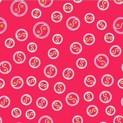 Line Yin Yang symbol of harmony and balance icon isolated seamless pattern on red background. Vector