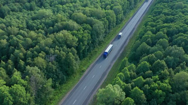 A long truck and a semi-truck follow each other to their destination. Cargo. The highway is laid through the picturesque countryside. Dense trees, forest. High quality. 4k footage.