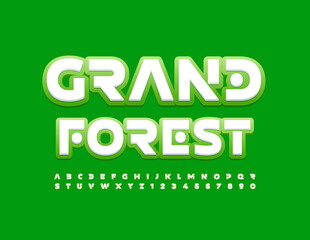 Vector fresh emblem Grand Forest. Futuristic style Font. Creative Alphabet Letters and Numbers set