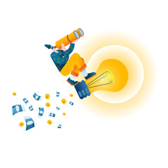 A woman flies on a light bulb-thoughts, as on a rocket. Vector illustration of a successful idea.