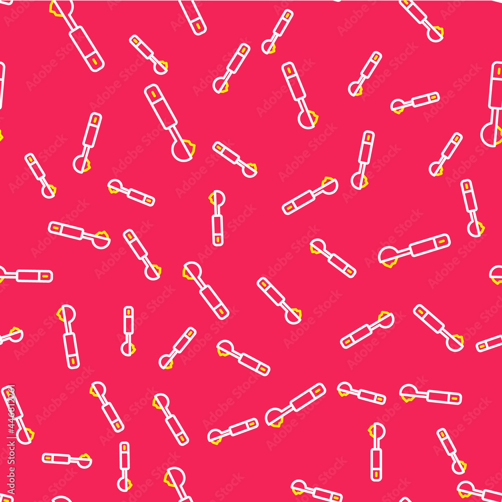 Poster line measuring spoon icon isolated seamless pattern on red background. vector
