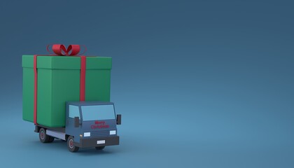 Logistic delivery courier truck with present giftbox as package storage for Christmas 3D rendering illustration
