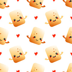 Cute smiling cartoon style golden brown toasted marshmallow characters and red hearts vector seamless pattern background.
