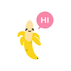 Cute cartoon style yellow banana character with speech bubble saying hi, hello.
