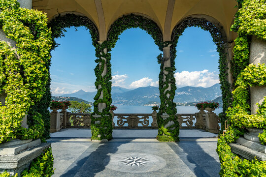 Italy. Lombardy. Lake Como. Around the village of Leno. The Balbianello villa on the Lavedo peninsula. Villa Balbianello is an 18th century Renaissance palace. The arcades of the loggia