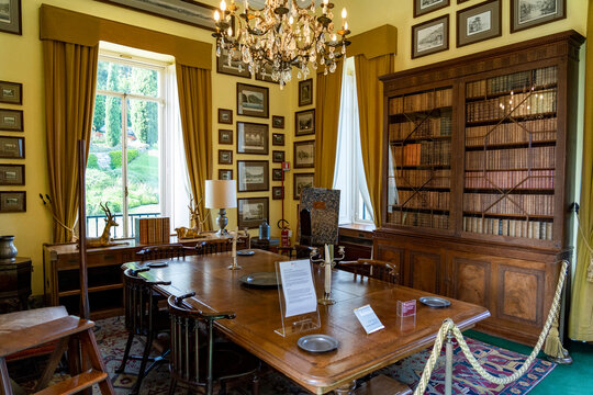 Italy. Lombardy. Lake Como. Around the village of Leno. The Balbianello villa on the Lavedo peninsula. Villa Balbianello is an 18th century Renaissance palace. Library room