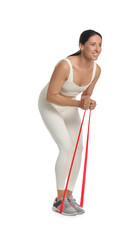 Woman doing sportive exercise with fitness elastic band on white background