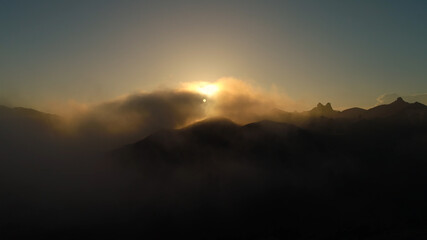 Aerials Malibu Santa Monica Mountains Sunset Misty Covered, California