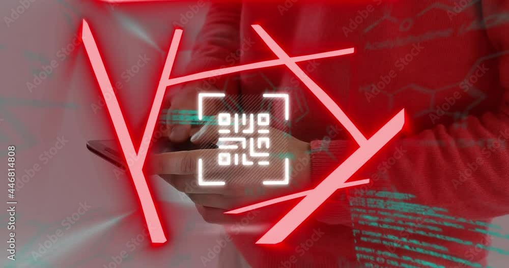 Poster neon qr code scanner and data processing against mid section of man using smartphone