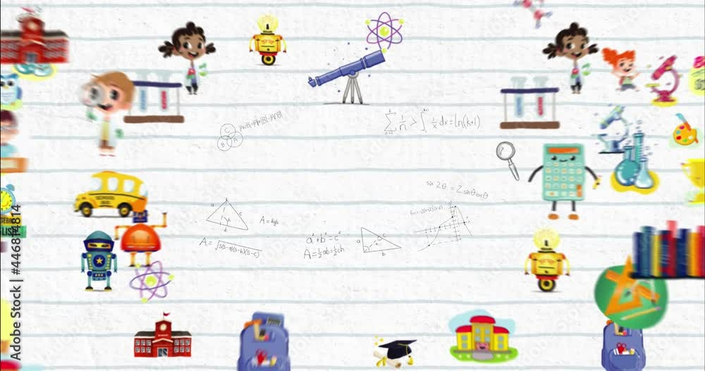 Poster digital animation of multiple school concept icons and mathematical equations on white lined paper