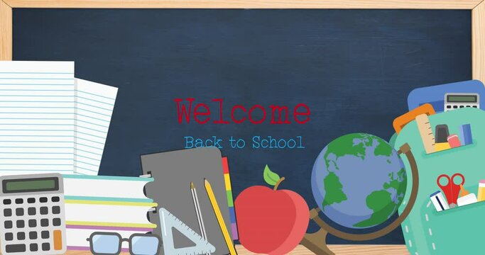 Digital animation of welcome back to school text over sports concept icons against blackboard