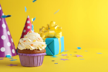 Delicious birthday cupcake with candle on yellow background, space for text