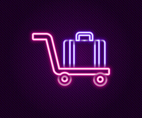 Glowing neon line Trolley suitcase icon isolated on black background. Traveling baggage sign. Travel luggage icon. Colorful outline concept. Vector