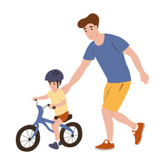 Obraz premium Father teaching son to ride a bicycle. Parenting concept. Flat style vector illustration.